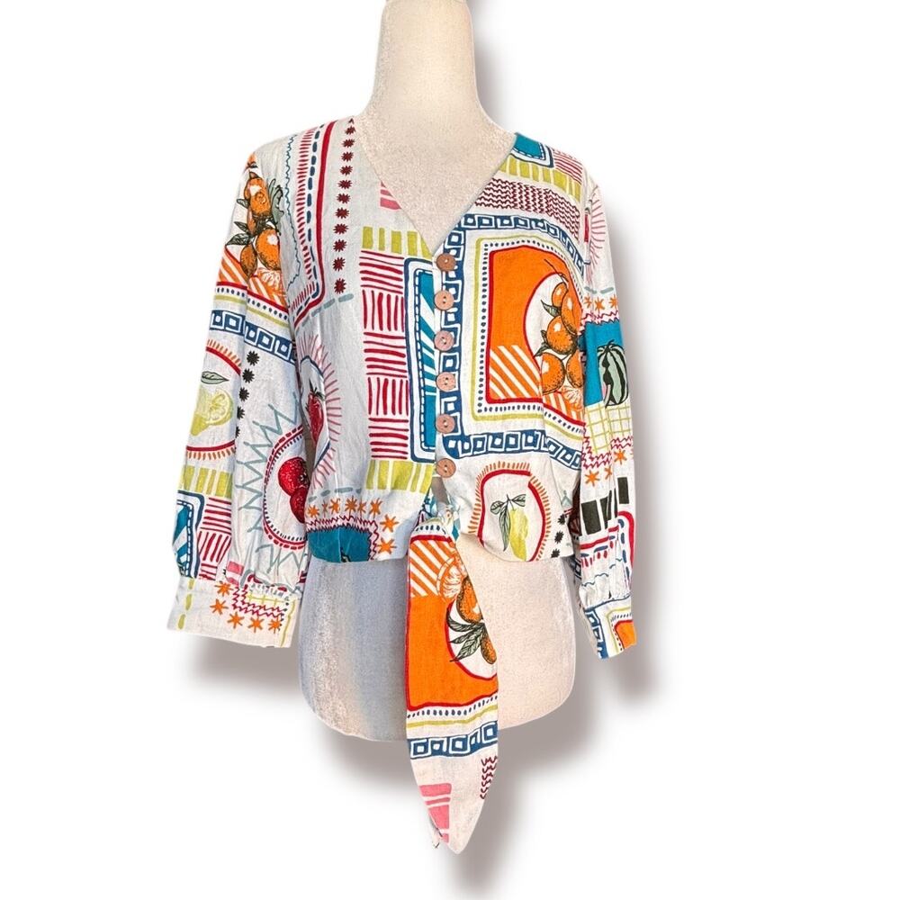 Joie Fruit Print Linen Blend Tie Front Blouse Small Boho Euro Summer Cropped Top
